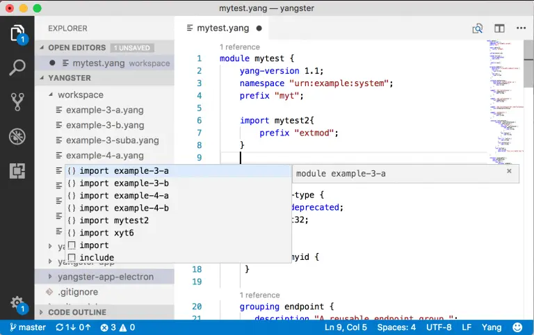 The YANG editor in VS Code