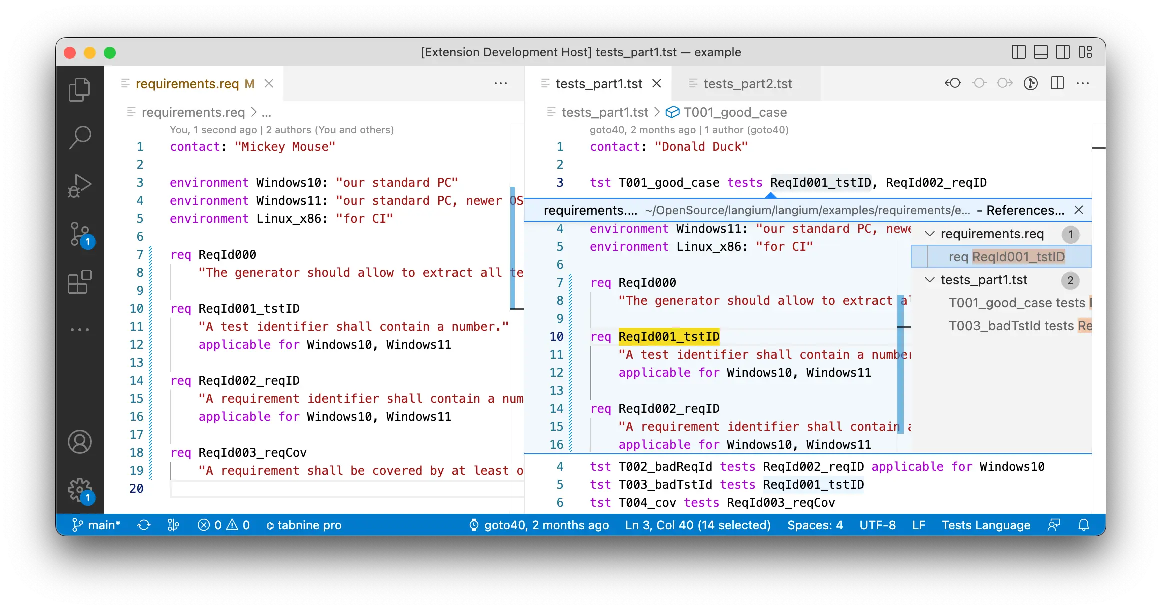 Requirements and tests language running in VS Code