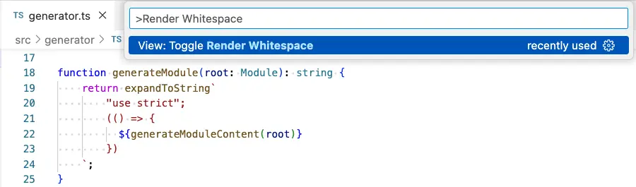 The Toggle Render Whitespace command in VS Code