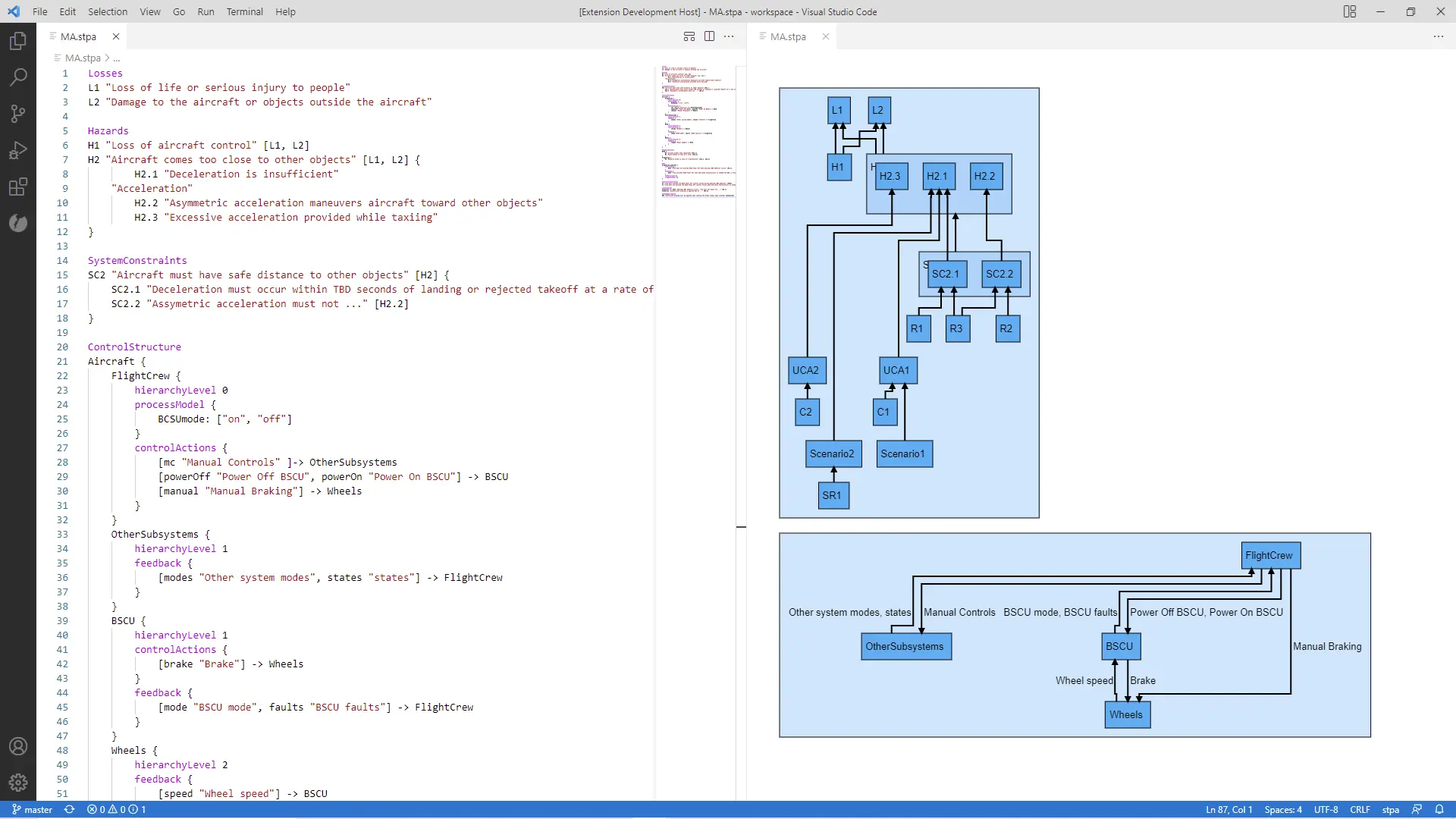 Side-by-side view of DSL editor and generated view in VS Code